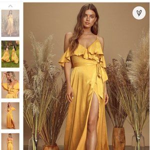 Lulus Satin Mustard Yellow Wrap Maxi Dress